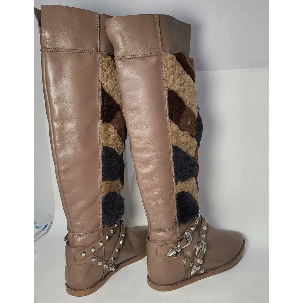 Ivy Kirzhner women boot Shearling Taupe tall fur Tartufo Patchwork Riding sz 7.5